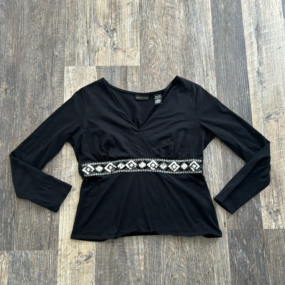 New York & Company Black Sequin Top Long Sleeve Shirt Women’s Size Small
